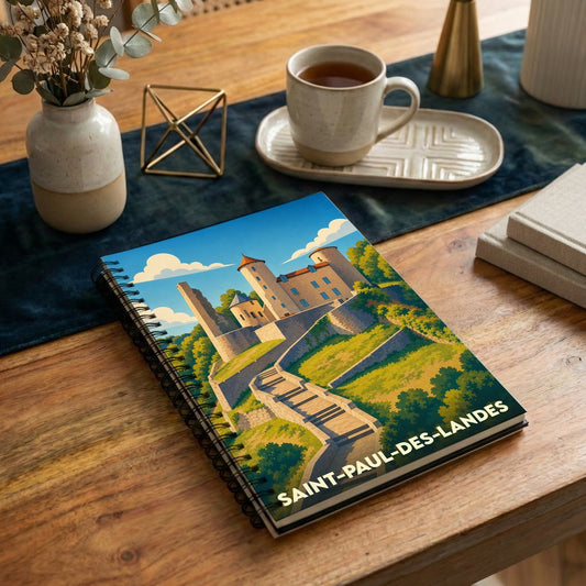 Carnet à spirales souvenir de la ville de Saint-Paul-des-Landes avec une illustration stylisée de son château.