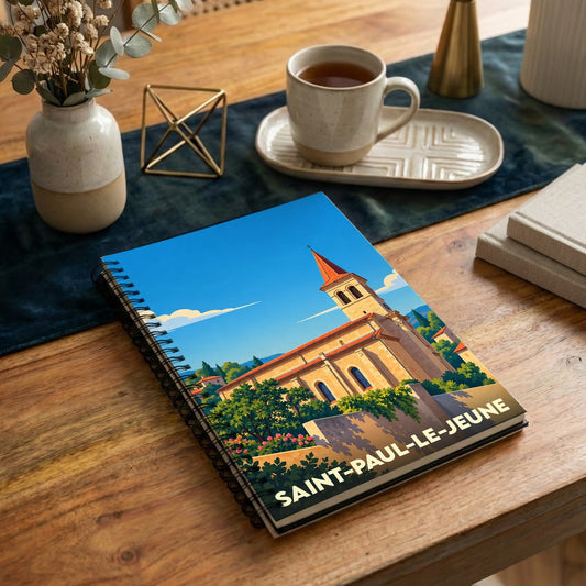 Carnet de notes souvenir de la ville de Saint-Paul-le-Jeune orné d'une illustration stylisée de son église.