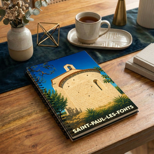 Carnet souvenir de la ville de Saint-Paul-les-Fonts avec une illustration stylisée de sa chapelle.