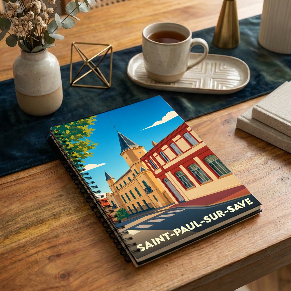 Carnet souvenir de la ville de Saint-Paul-sur-Save avec une illustration stylisée.