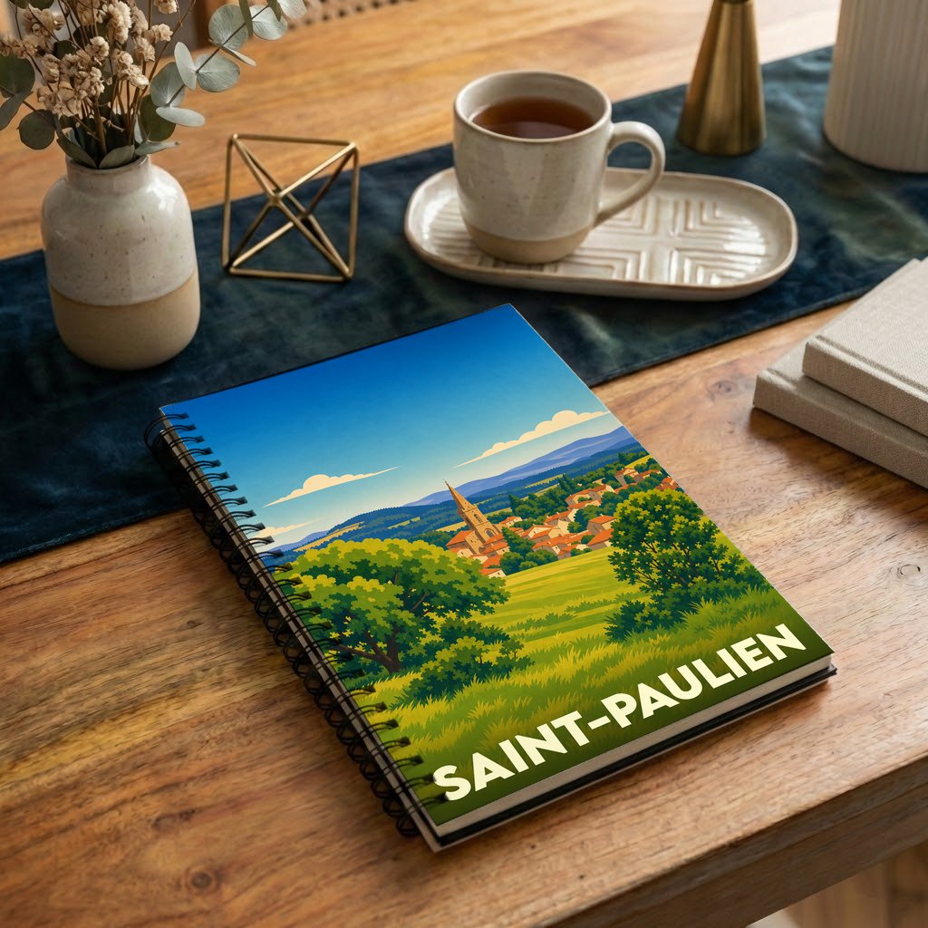 Carnet à spirales souvenir de la ville de Saint-Paulien avec une illustration de paysage stylisée.
