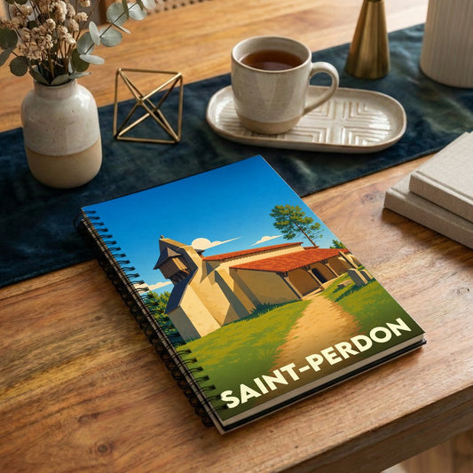 Carnet à spirales souvenir de Saint-Perdon arborant une illustration stylisée de son église sous un ciel bleu.