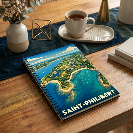 Carnet à spirales souvenir de la ville de Saint-Philibert avec une illustration aérienne stylisée de son littoral.