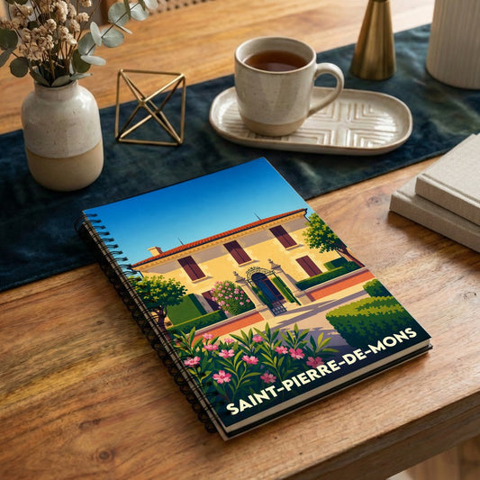 Carnet souvenir de la ville de Saint-Pierre-de-Mons avec une illustration stylisée d'une maison de maître.
