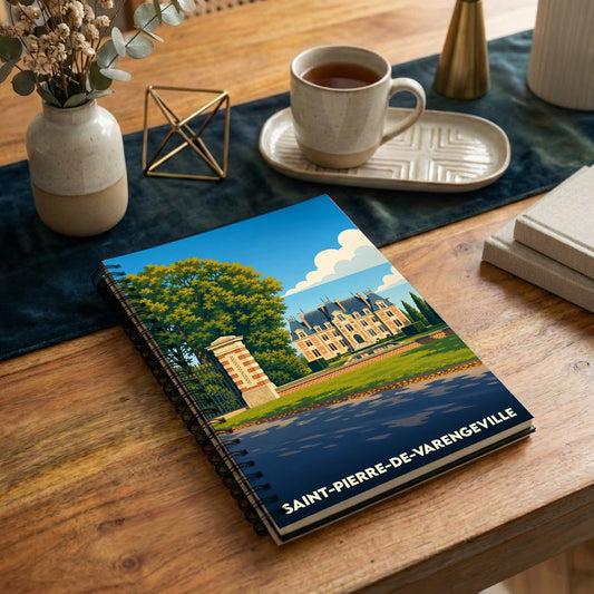 Carnet de notes souvenir de la ville de Saint-Pierre-de-Varengeville illustré d'un château au bord de l'eau.