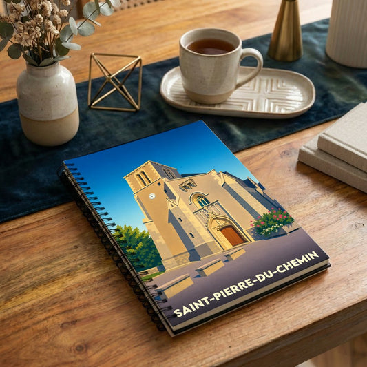 Carnet souvenir de Saint-Pierre-du-Chemin illustré d'un dessin stylisé de son église.