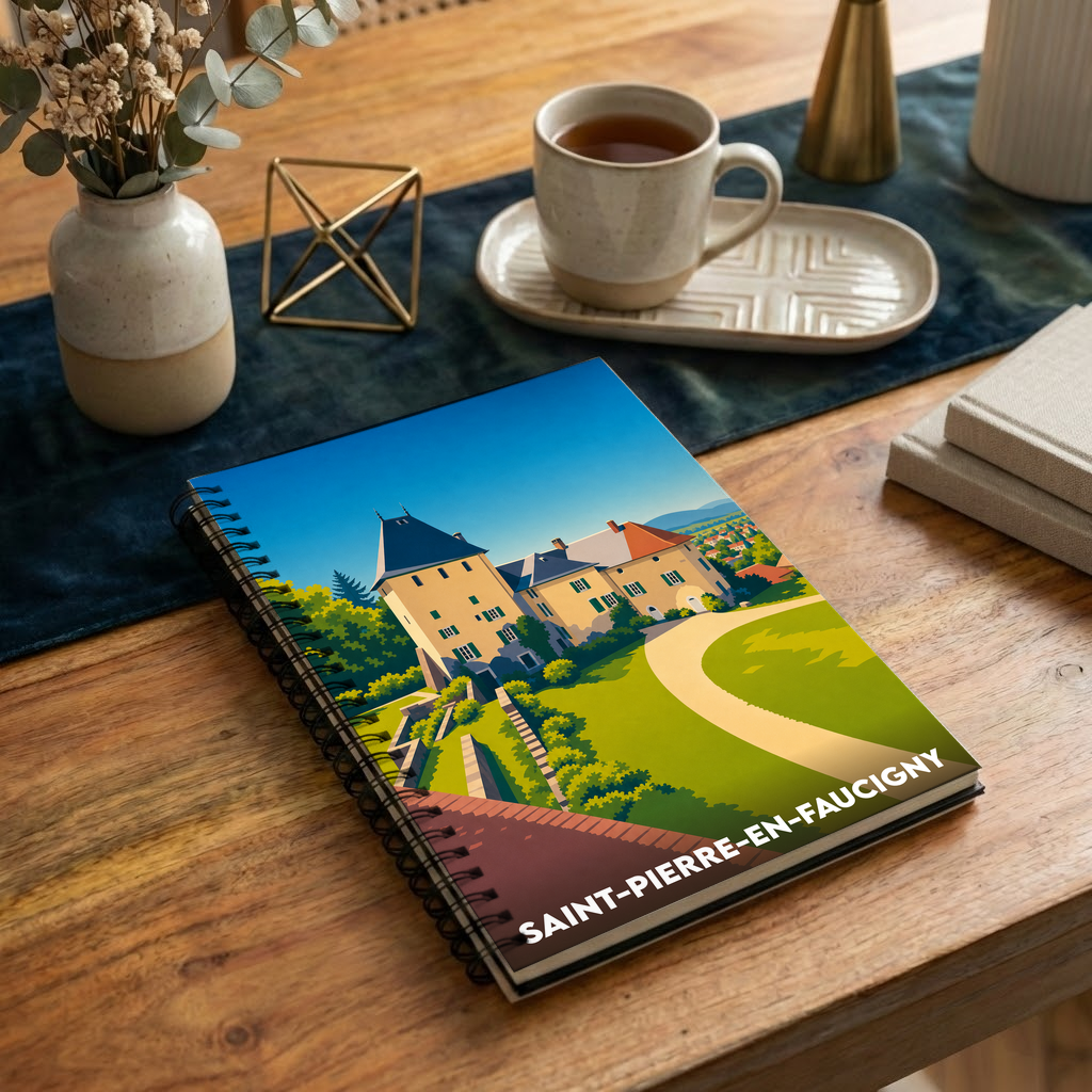 Carnet de notes à spirale avec une illustration stylisée du château de Saint-Pierre-en-Faucigny.
