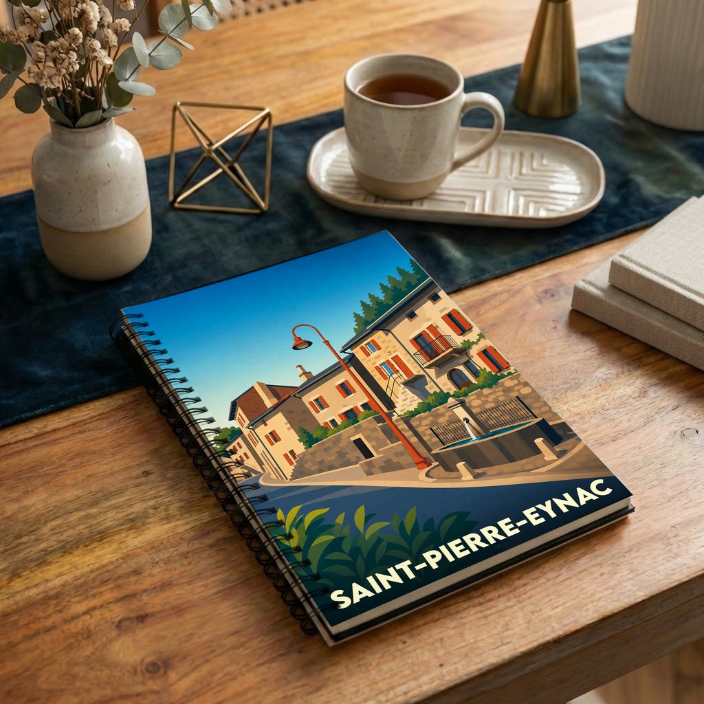 Carnet souvenir de la ville de Saint-Pierre-Eynac avec une illustration stylisée.