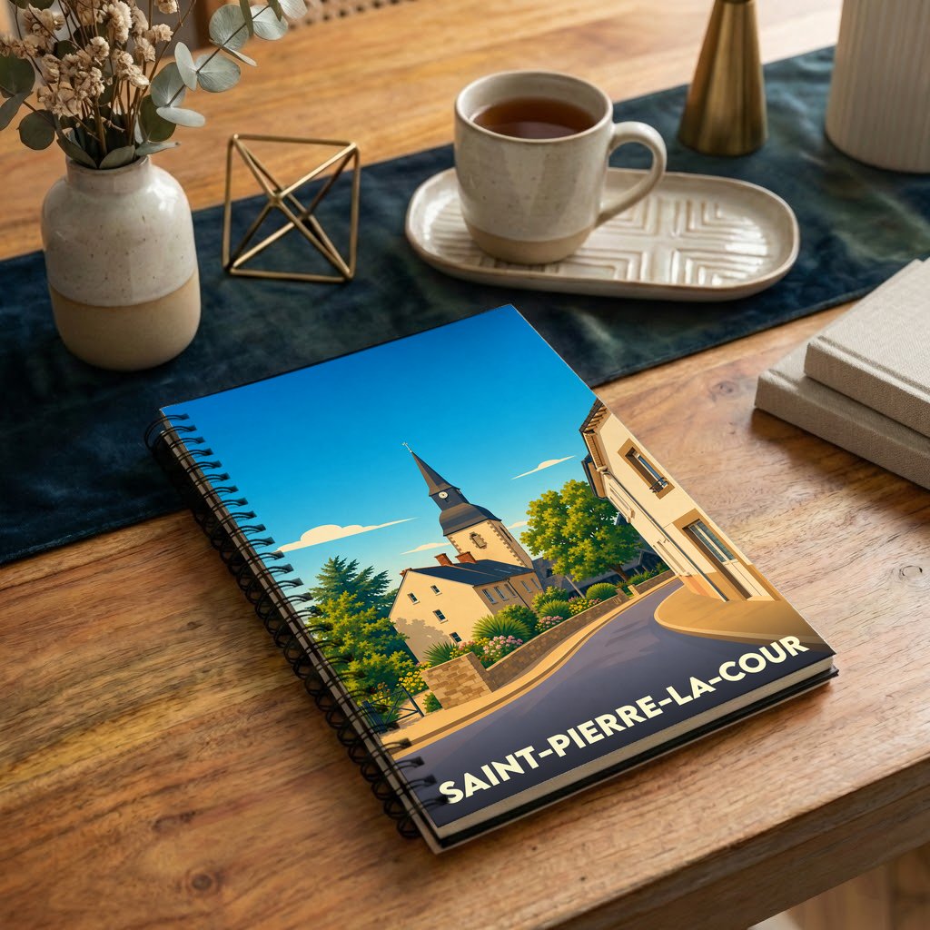 Carnet à spirales souvenir de la ville de Saint-Pierre-la-Cour avec une illustration stylisée d'un clocher et de maisons.