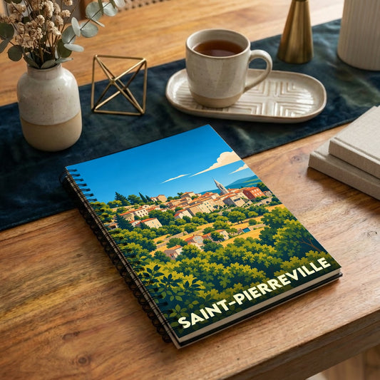 Carnet souvenir de la ville de Saint-Pierreville avec une illustration stylisée d'un village pittoresque.