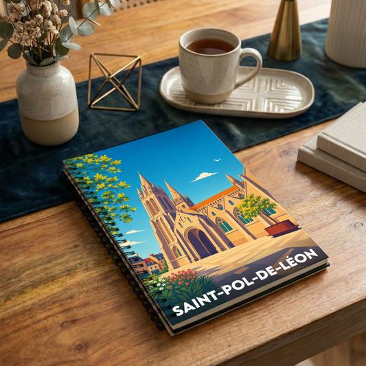Carnet souvenir de la ville de Saint-Pol-de-Léon avec une illustration stylisée de sa cathédrale.