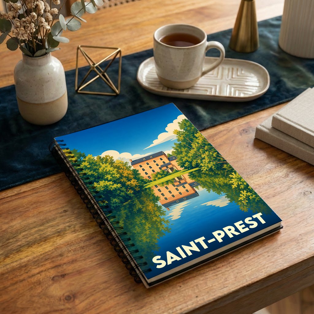 Carnet à spirales souvenir de la ville de Saint-Prest avec une illustration stylisée d'un bâtiment se reflétant dans l'eau.