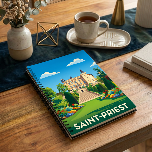 Carnet à spirales souvenir de la ville de Saint-Priest avec une illustration stylisée de son château.