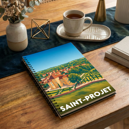 Carnet souvenir de la ville de Saint-Projet avec une illustration stylisée du village.