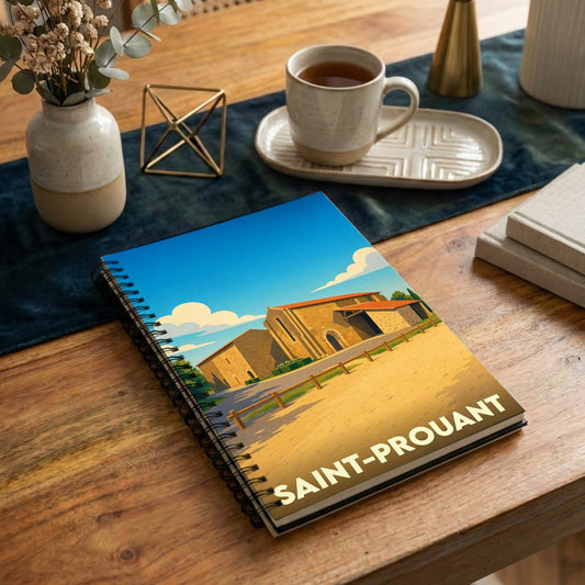 Carnet de notes à spirales souvenir de la ville de Saint-Prouant avec une illustration stylisée.