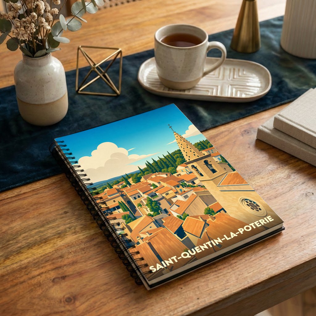 Carnet de notes à spirales souvenir de Saint-Quentin-la-Poterie avec une illustration stylisée du village.