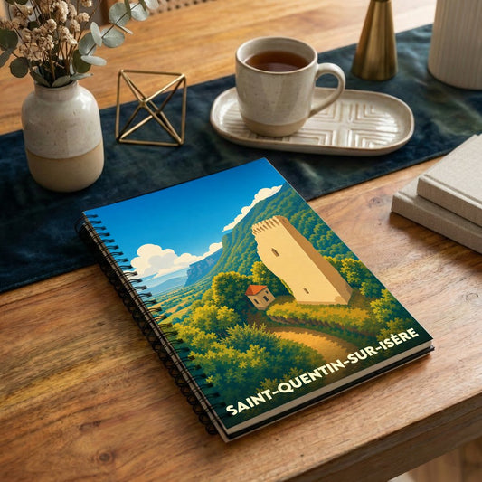 Carnet à spirales souvenir de la ville de Saint-Quentin-sur-Isère avec une illustration stylisée de son paysage et de sa tour.