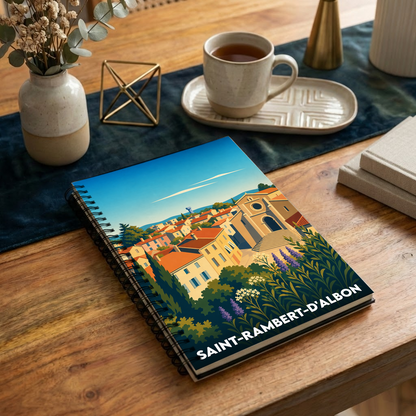 Carnet souvenir à spirales illustrant la ville de Saint-Rambert-d'Albon dans un style graphique épuré.