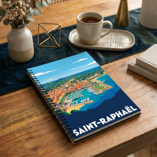 Carnet souvenir de la ville de Saint-Raphaël avec une illustration stylisée de son littoral.
