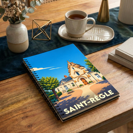 Carnet de notes à spirales avec une illustration stylisée de la ville de Saint-Règle.