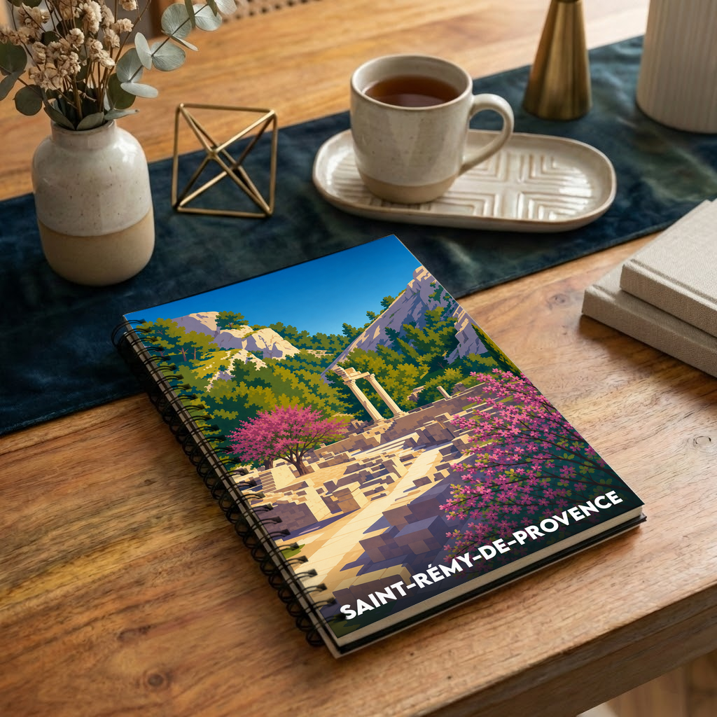 Carnet souvenir de la ville de Saint-Rémy-de-Provence avec une illustration stylisée de ses ruines antiques.