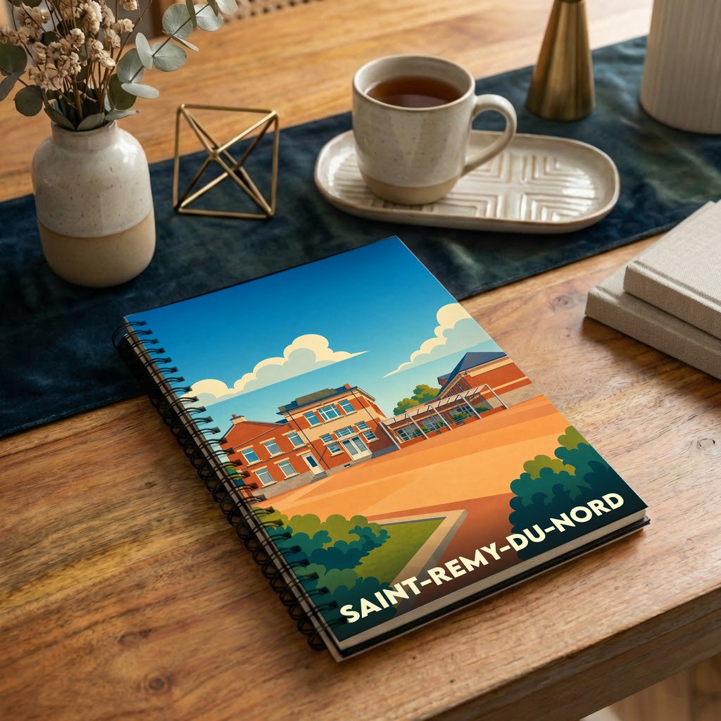 Carnet à spirales souvenir de la ville de Saint-Remy-du-Nord avec une illustration colorée et stylisée.