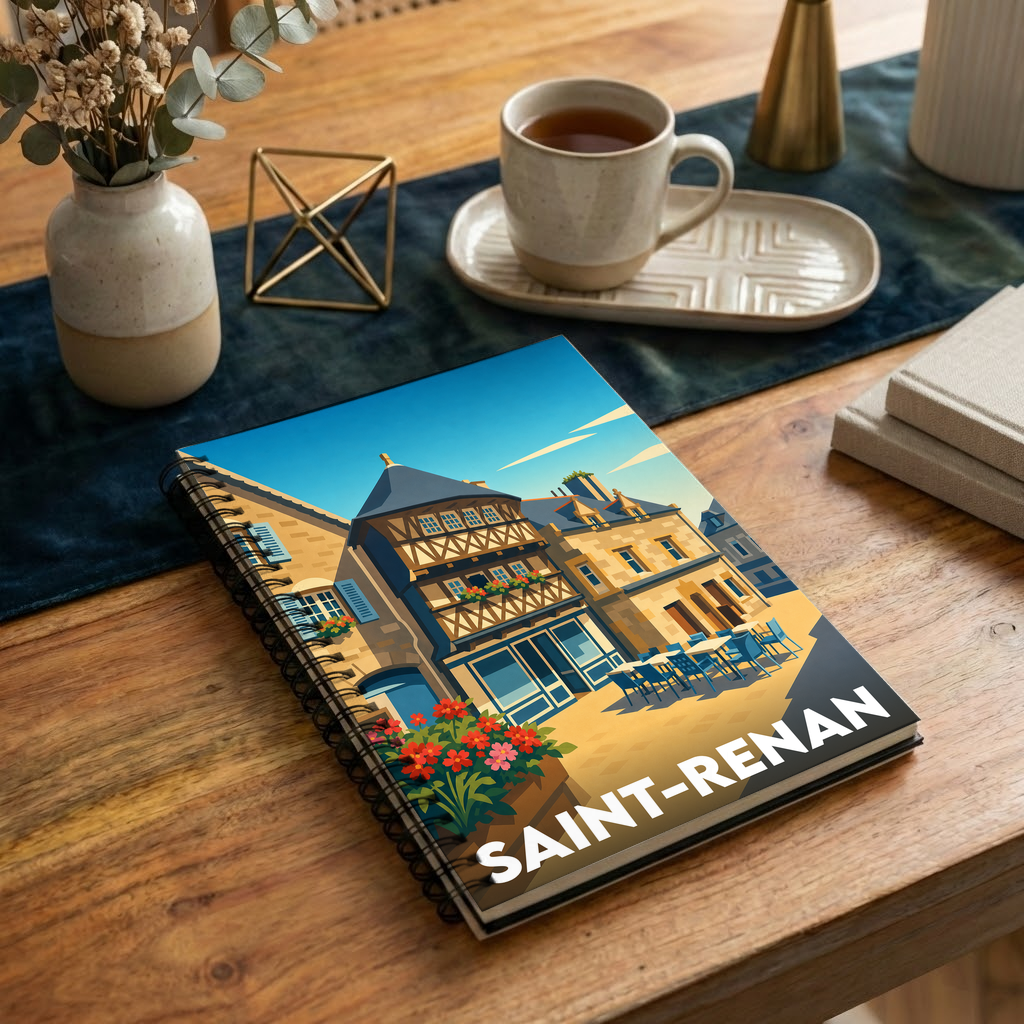Carnet de notes à spirales souvenir de la ville de Saint-Renan illustré d'un dessin stylisé de ses maisons historiques.