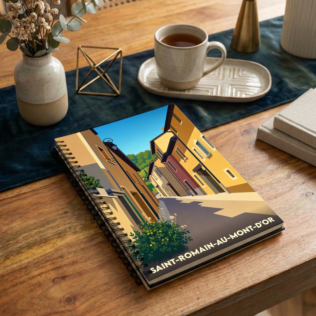 Carnet à spirales souvenir de la ville de Saint-Romain-au-Mont-d'Or avec une illustration stylisée d'une ruelle.