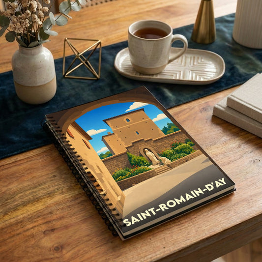 Carnet souvenir de la ville de Saint-Romain-d'Ay avec une illustration stylisée de son patrimoine.