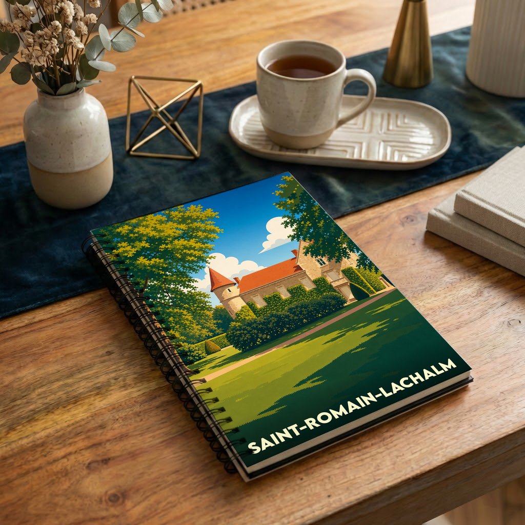 Carnet souvenir de la ville de Saint-Romain-Lachalm avec une illustration stylisée de son château.