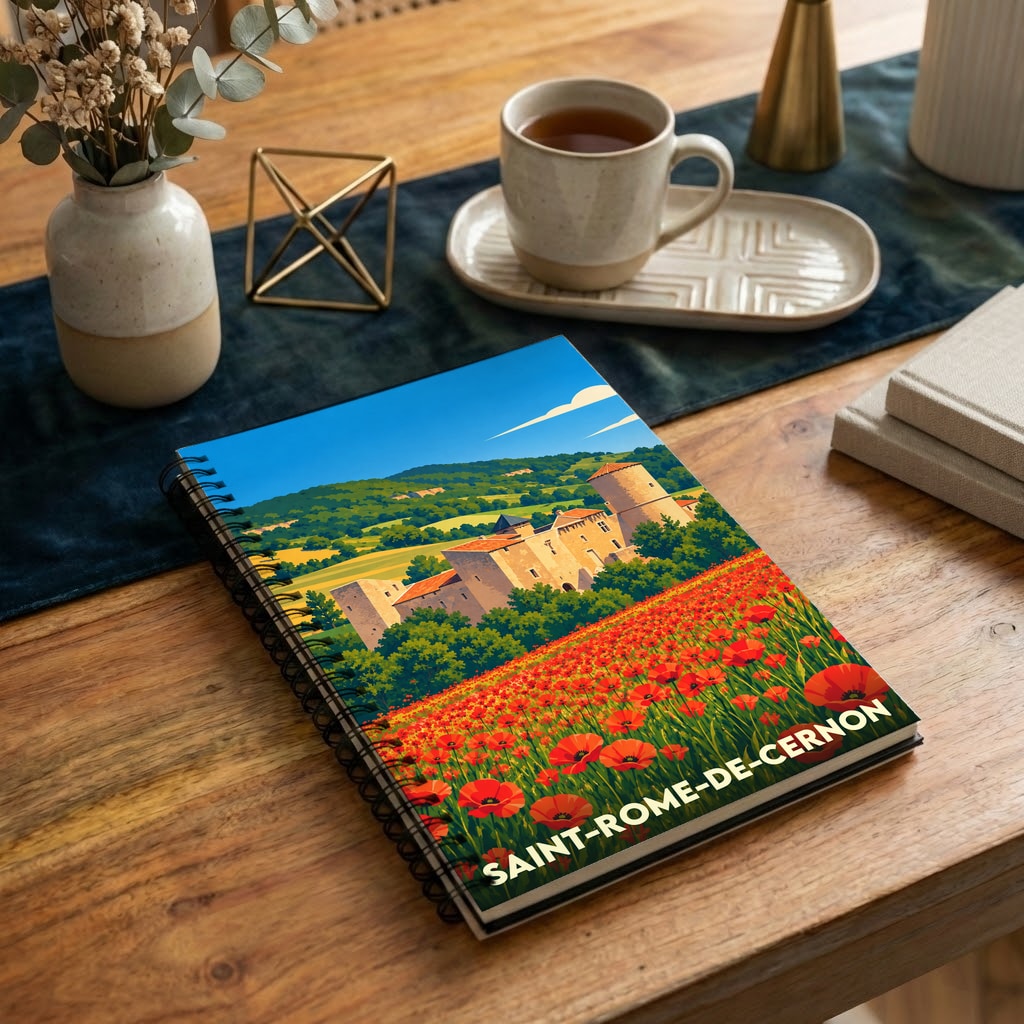 Carnet souvenir de la ville de Saint-Rome-de-Cernon avec une illustration stylisée de son château et d'un champ de coquelicots.