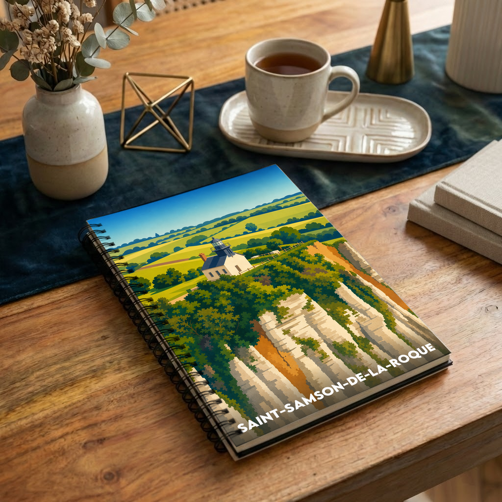 Carnet souvenir de la ville de Saint-Samson-de-la-Roque avec une illustration stylisée.
