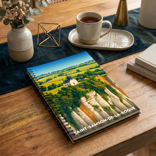Carnet souvenir de la ville de Saint-Samson-de-la-Roque avec une illustration stylisée.