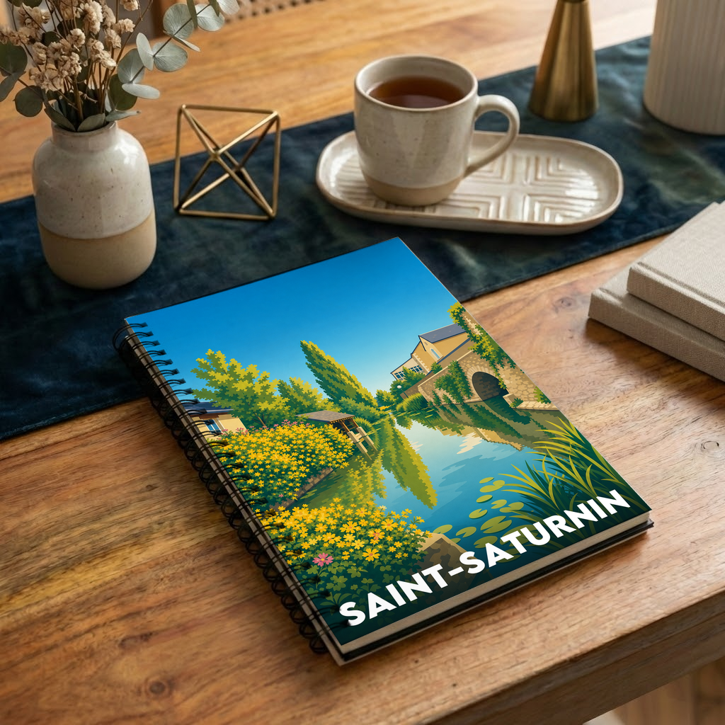 Carnet souvenir de la ville de Saint-Saturnin avec une illustration stylisée.