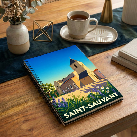 Carnet souvenir de la ville de Saint-Sauvant illustré par une vue stylisée de son église.