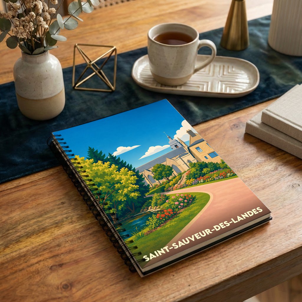 Carnet souvenir de la ville de Saint-Sauveur-des-Landes avec une illustration stylisée de son patrimoine paysager.