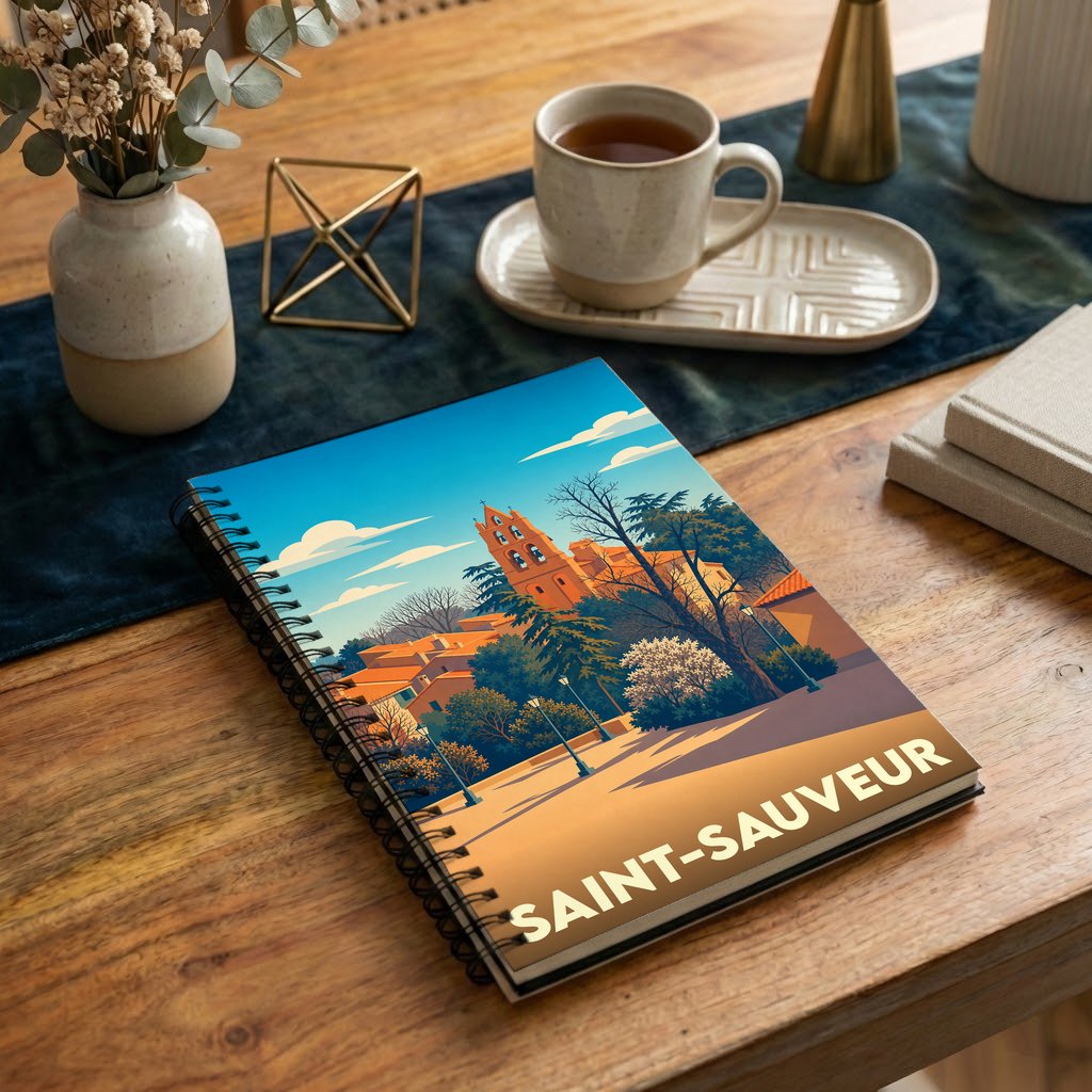 Carnet souvenir de la ville de Saint-Sauveur avec une illustration stylisée.