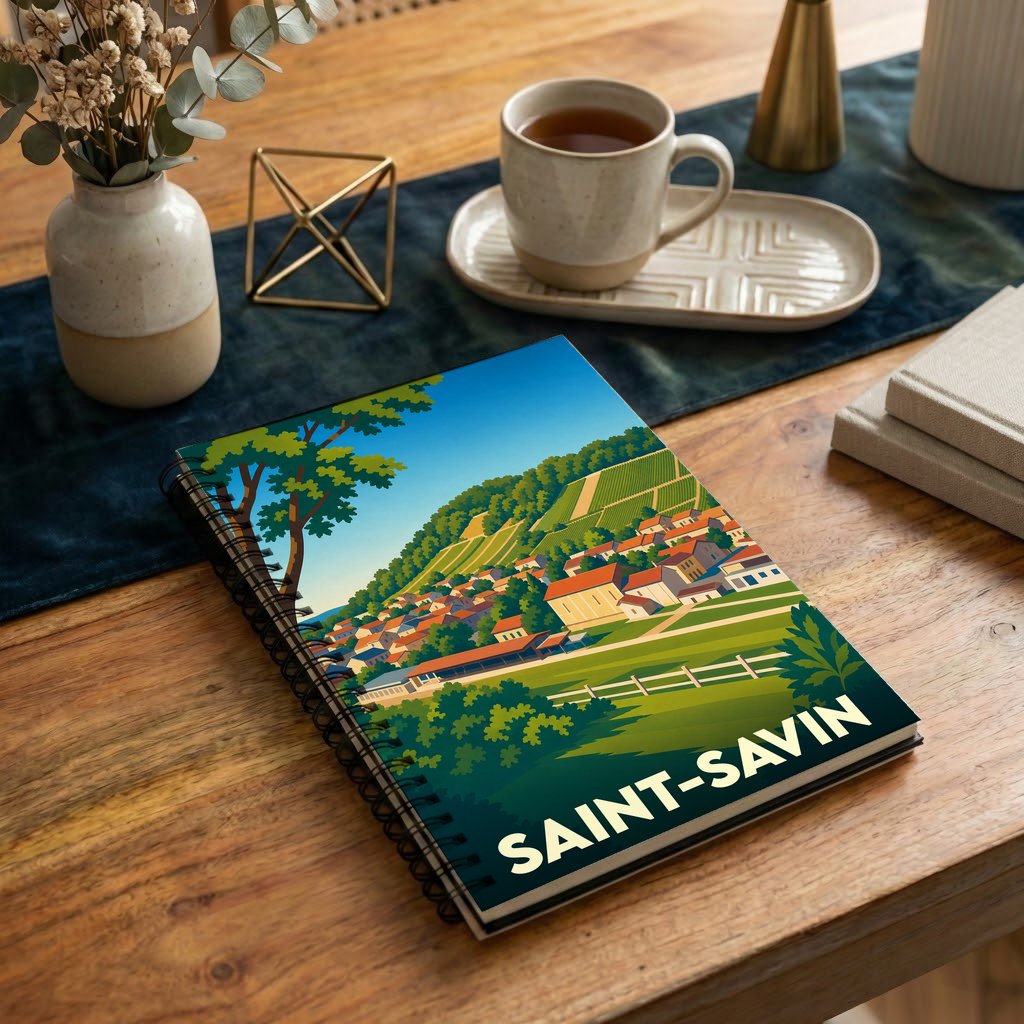 Carnet souvenir de la ville de Saint-Savin avec une illustration stylisée de son paysage vallonné.