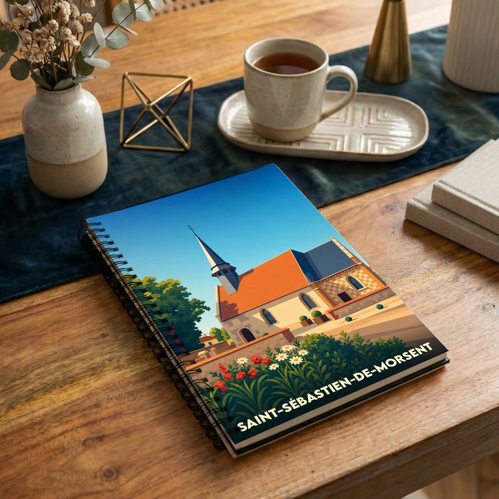 Carnet souvenir de la ville de Saint-Sébastien-de-Morsent avec une illustration stylisée de son église.