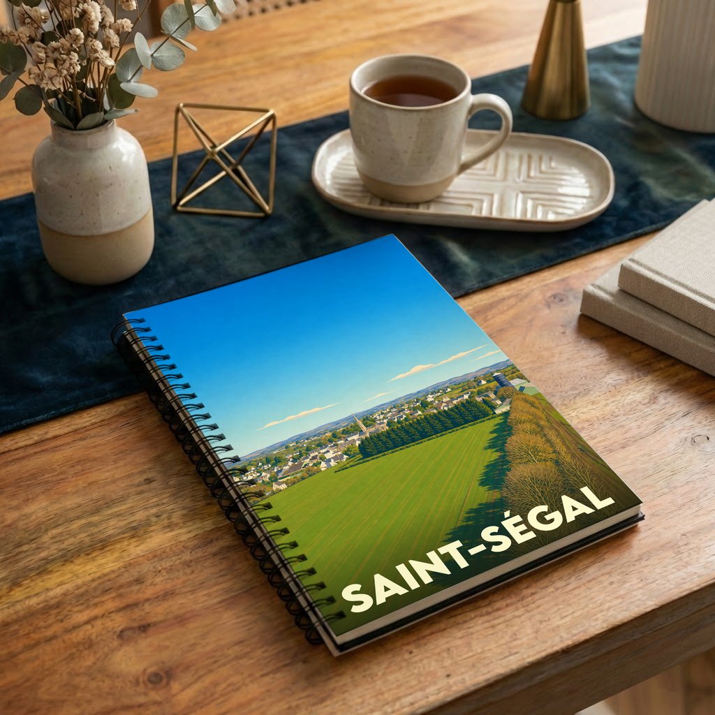 Carnet à spirales souvenir de la ville de Saint-Ségal avec une illustration stylisée de son paysage.
