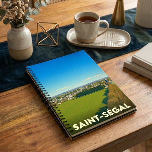 Carnet à spirales souvenir de la ville de Saint-Ségal avec une illustration stylisée de son paysage.