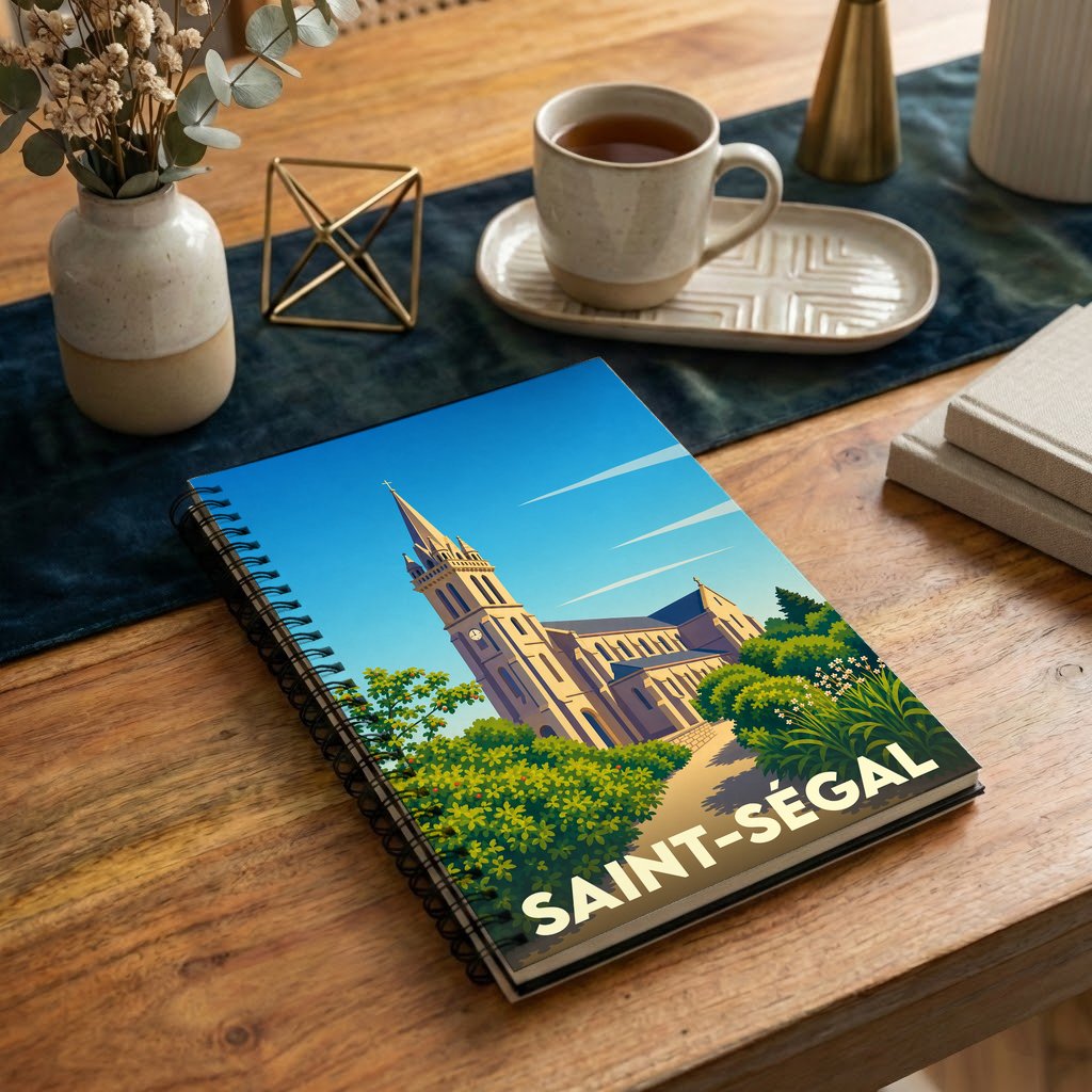 Carnet à spirale souvenir de la ville de Saint-Ségal avec une illustration stylisée de son église.