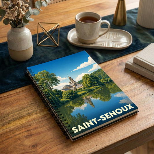 Carnet souvenir de la ville de Saint-Senoux avec une illustration stylisée d'un paysage lacustre.