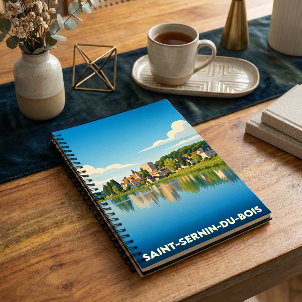 Carnet à spirales souvenir de Saint-Sernin-du-Bois illustré par une vue stylisée du village se reflétant dans l'eau.