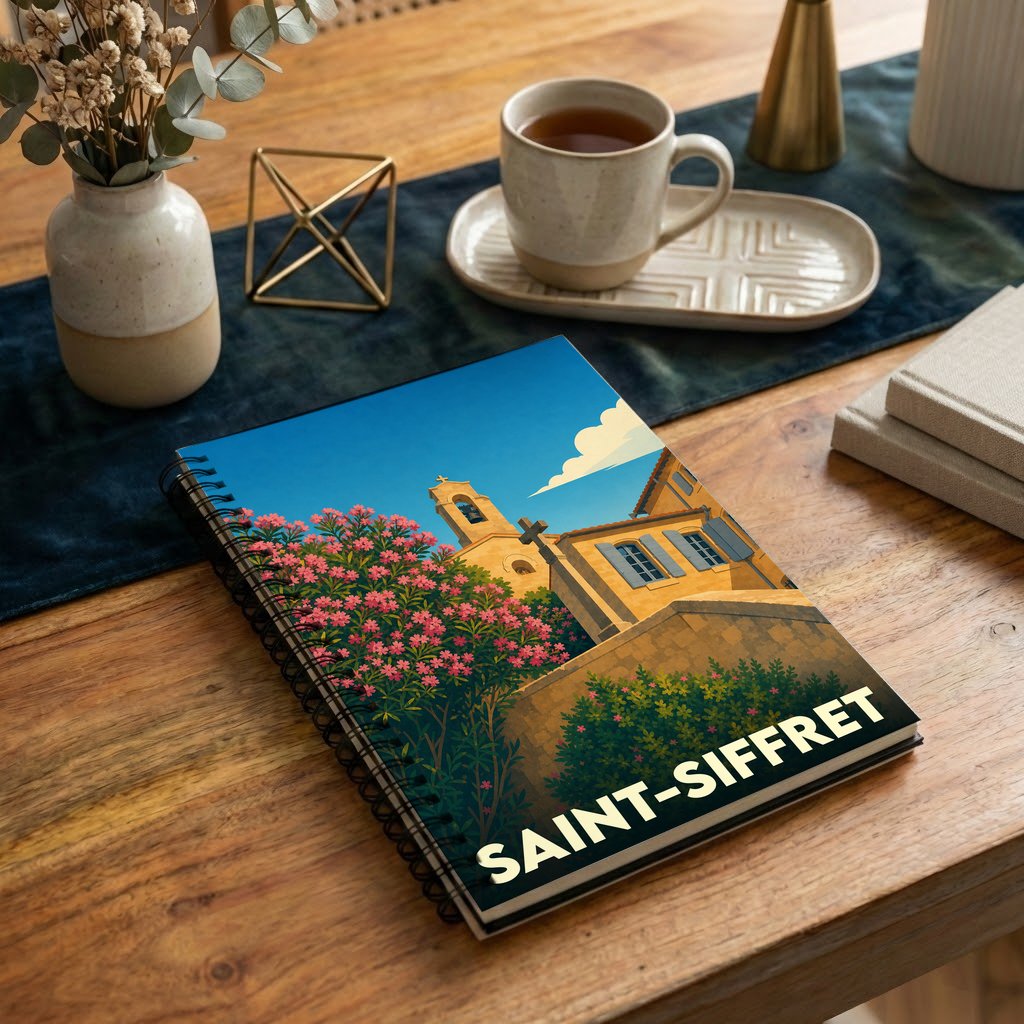 Carnet à spirales souvenir de la ville de Saint-Siffret avec une illustration stylisée d'un paysage provençal.