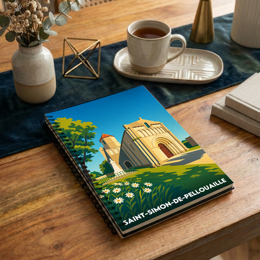 Carnet souvenir de la ville de Saint-Simon-de-Pellouaille avec une illustration stylisée de son église.