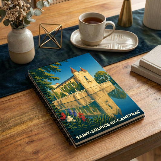 Carnet souvenir de Saint-Sulpice-et-Cameyrac illustré d'un château stylisé sur sa couverture.