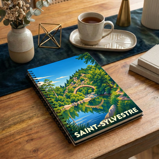 Carnet souvenir de la ville de Saint-Sylvestre orné d'une illustration stylisée d'un pont en pierre dans un paysage verdoyant.