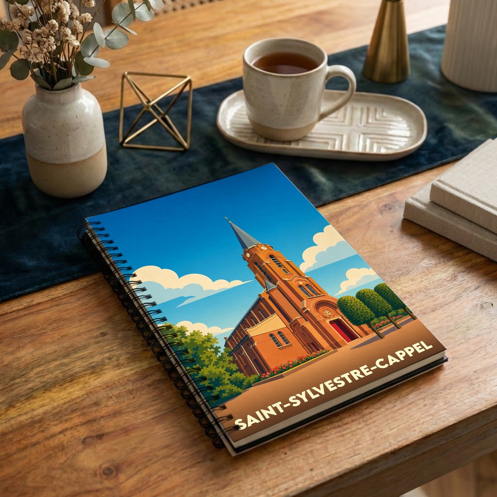 Carnet à spirales souvenir de la ville de Saint-Sylvestre-Cappel avec une illustration stylisée de son église.