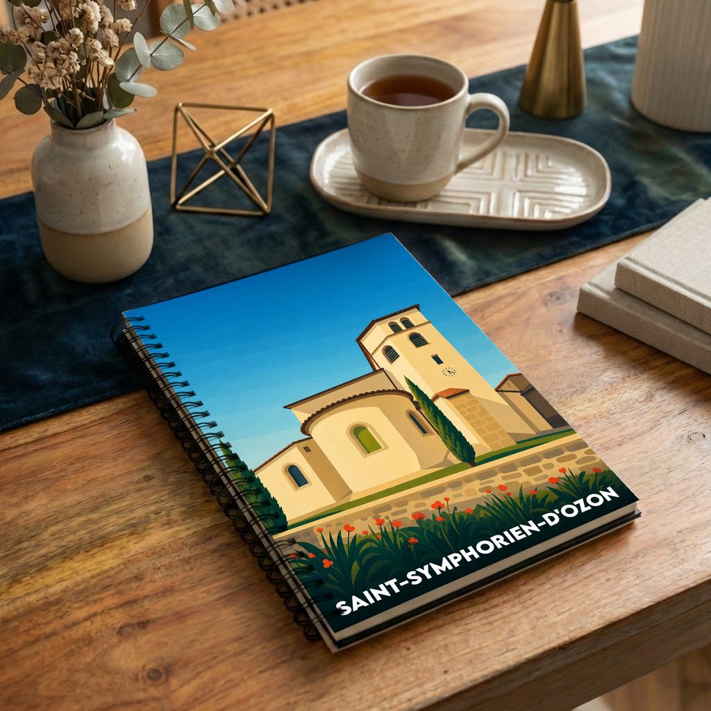 Carnet de notes à spirales souvenir de la ville de Saint-Symphorien-d'Ozon avec une illustration stylisée de son église.